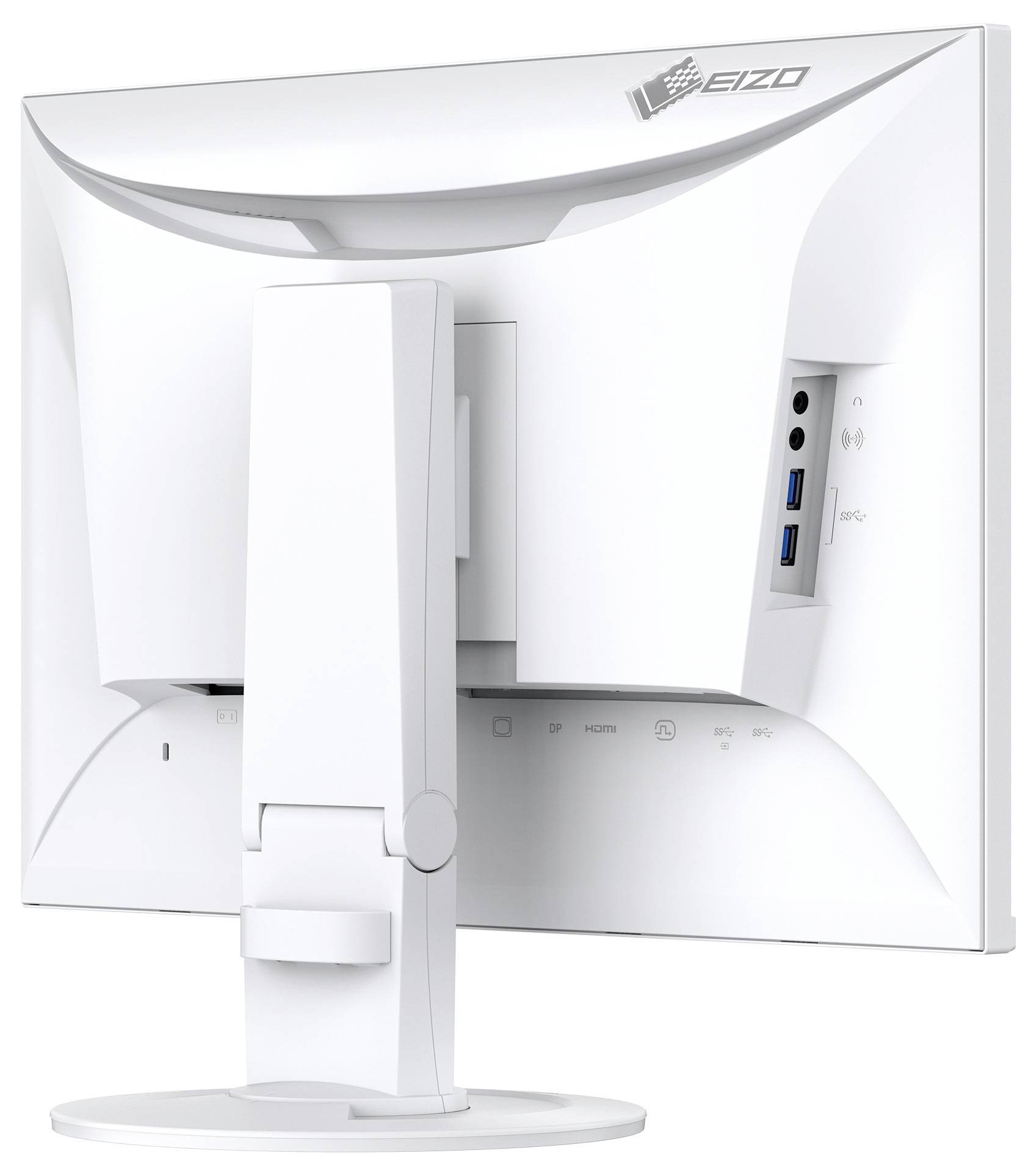 Vue arrière d'un moniteur de bureau EIZO blanc sur un pied, montrant les ports intégrés et les connexions de câbles.