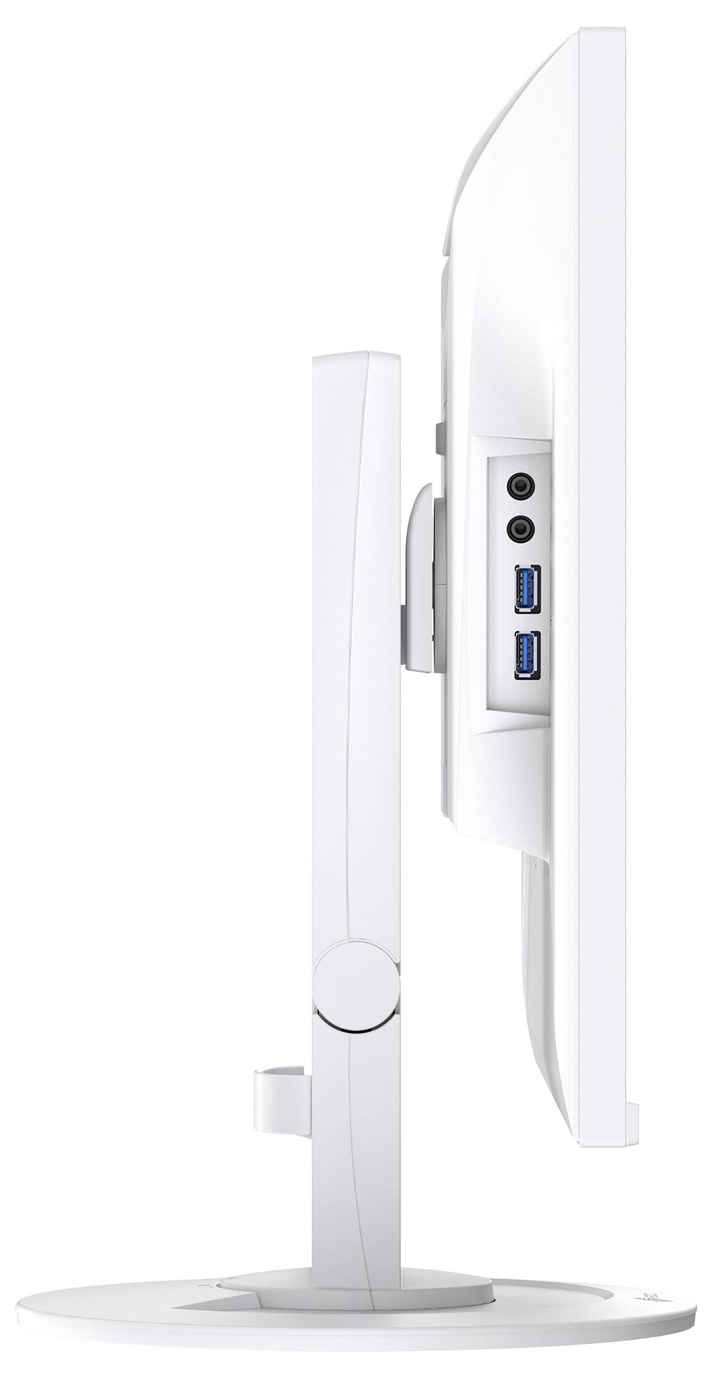 Vue latérale d'un moniteur de bureau blanc sur un support, montrant les ports arrière incluant deux connecteurs USB et un bouton d'alimentation circulaire.