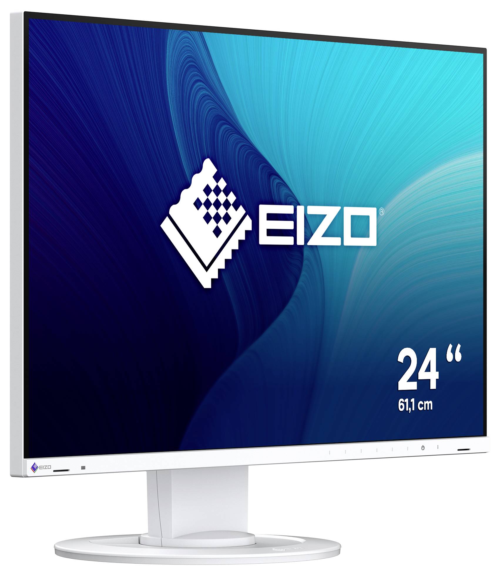 Moniteur plat EIZO 24 pouces avec affichage abstrait bleu et socle blanc.