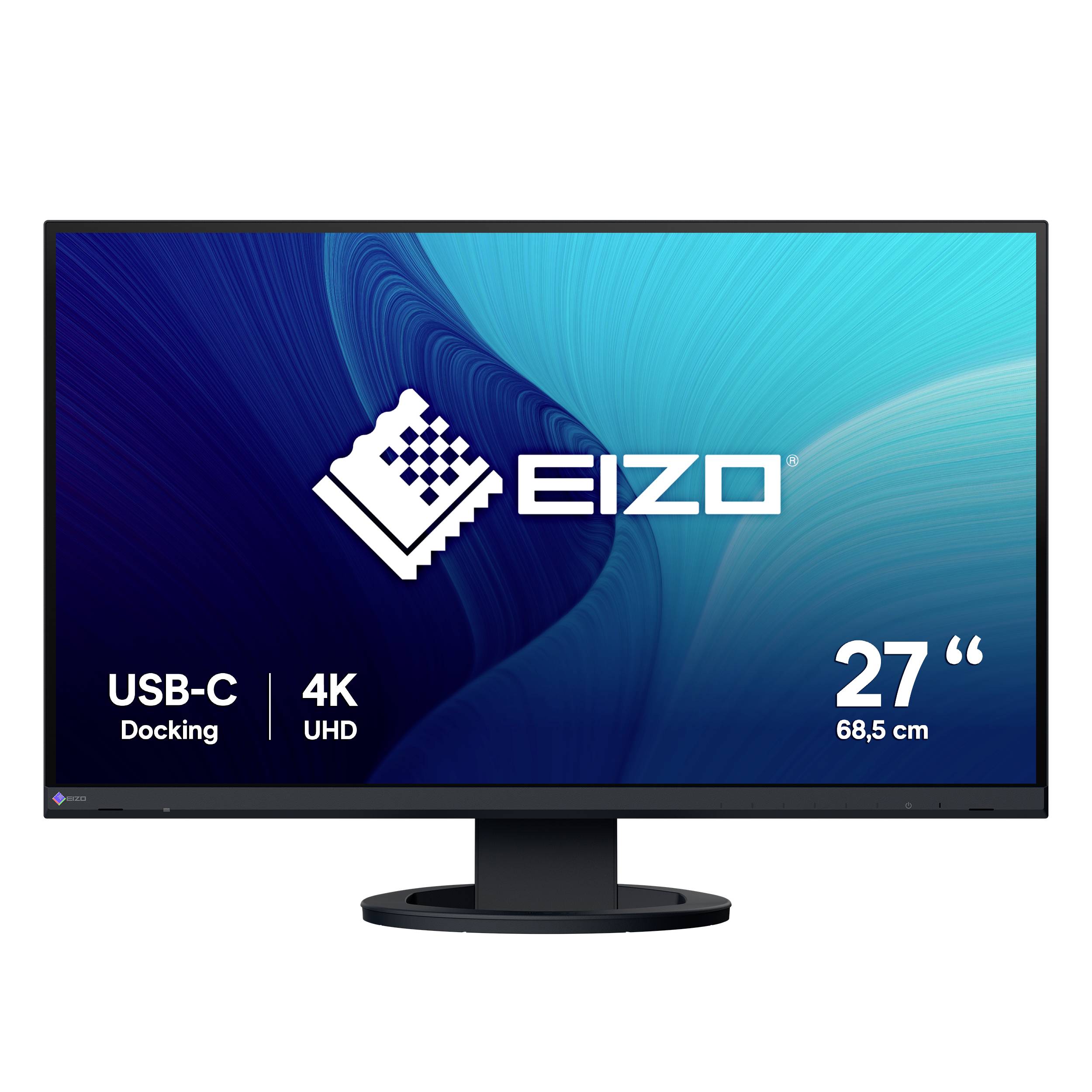 Moniteur EIZO 27 pouces 4K UHD avec station d'accueil USB-C, montré en vue de face sur un fond blanc.
