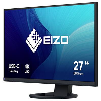 Moniteur EIZO 27 pouces 4K UHD avec station d'accueil USB-C, présenté sur un support avec un graphique d'affichage bleu.