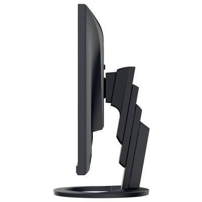 Vue latérale d'un écran d'ordinateur noir sur un socle rond, montrant un profil mince et un support arrière articulé sur un fond blanc.