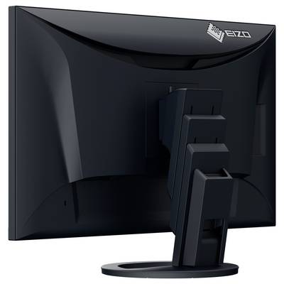 Moniteur EIZO noir à écran plat montré de l'arrière, fixé sur un support avec une charnière ajustable.