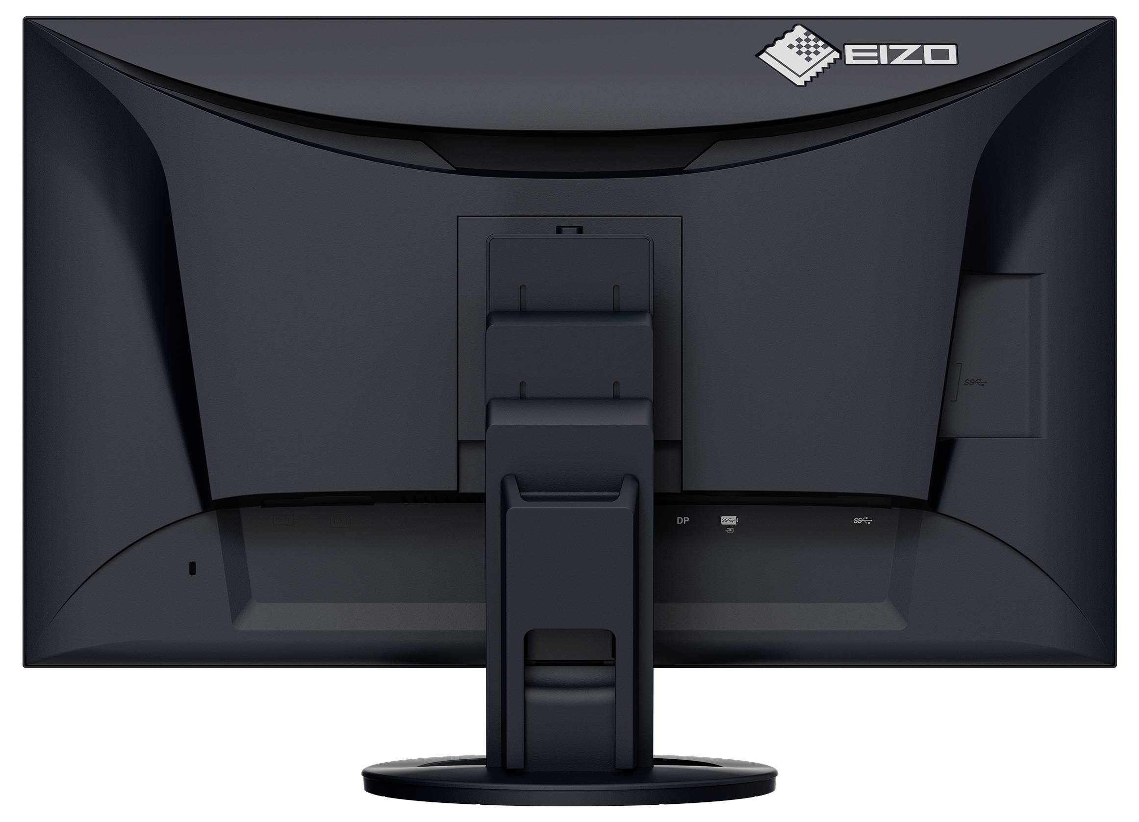 Vue arrière d'un écran d'ordinateur EIZO noir sur pied, montrant le panneau arrière et la zone centrale de gestion des câbles.