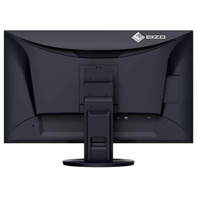 Vue arrière d'un écran d'ordinateur EIZO noir sur pied, montrant le panneau arrière et la zone centrale de gestion des câbles.