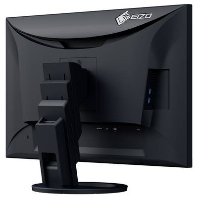 Vue arrière d'un moniteur de bureau EIZO montrant le pied, les ports et la zone de gestion des câbles sur fond blanc.