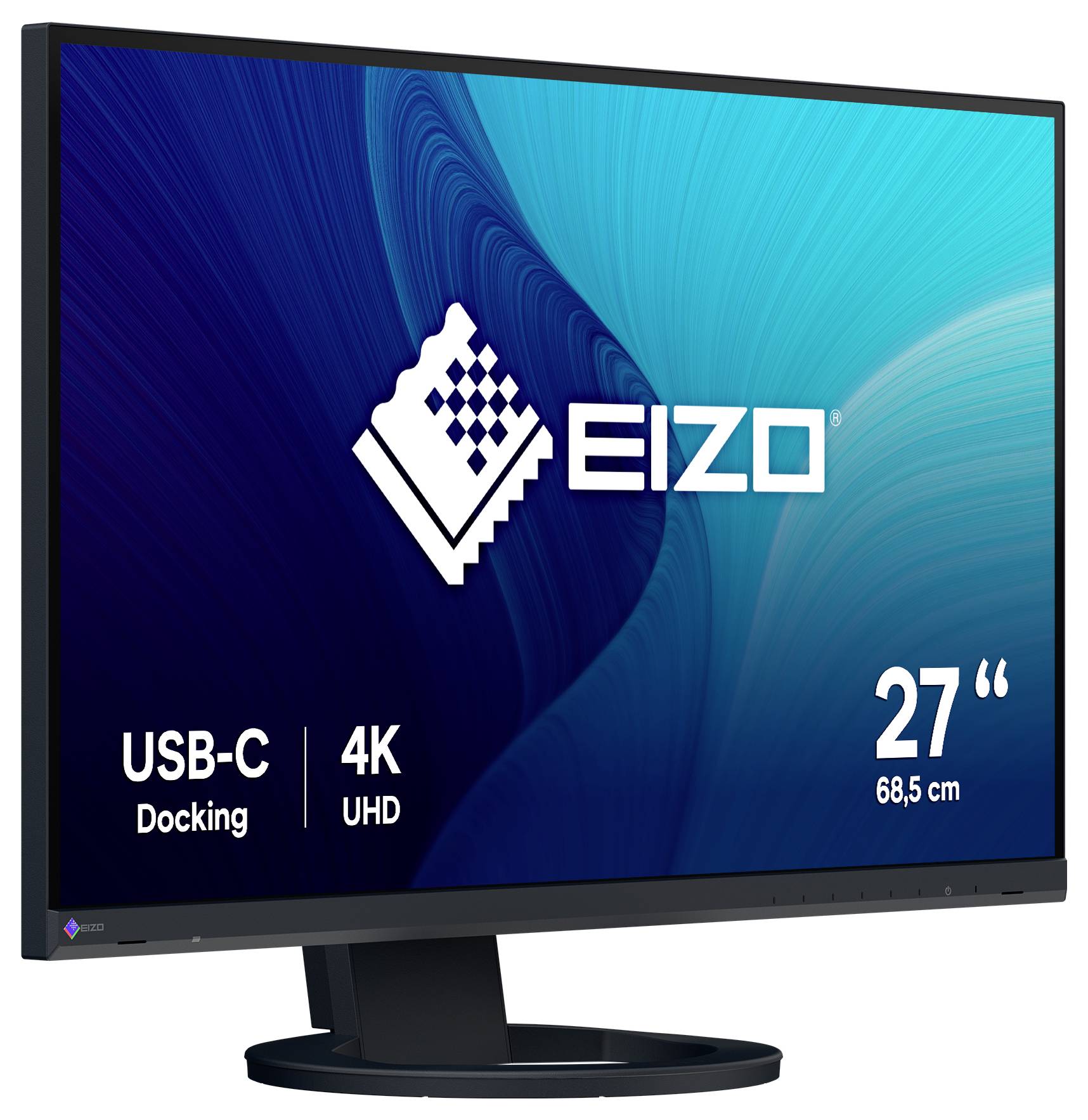 Moniteur EIZO 27 pouces 4K UHD avec station d'accueil USB-C, présenté sur une image de produit.