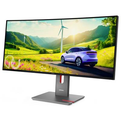 Un moniteur Lenovo affichant une voiture électrique pittoresque roulant dans une vallée verdoyante avec des éoliennes et un soleil éclatant.