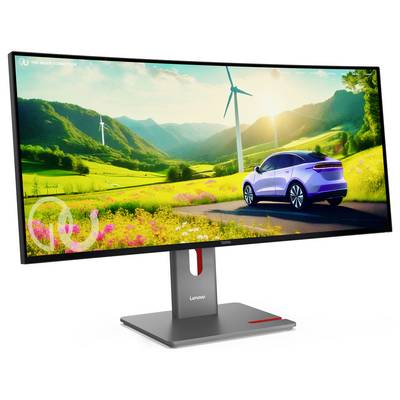 Moniteur Lenovo affichant une publicité de paysage avec une voiture électrique sur une route à travers des collines verdoyantes et des éoliennes au lever du soleil.