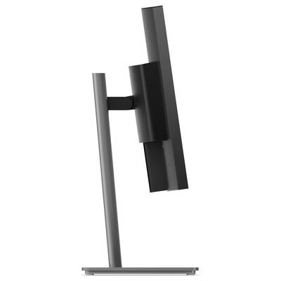 Vue latérale d'un support de moniteur réglable noir et gris sur une base rectangulaire, montrant le support d'écran incliné et le bras de support.