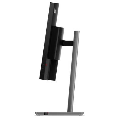 Vue latérale d'un moniteur à écran plat noir sur un pied argenté, montrant la charnière ajustable de l'écran et le support vertical.