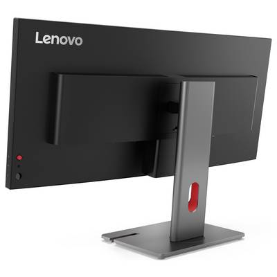 Vue arrière d'un moniteur Lenovo montrant son support ajustable et sa base sur un fond blanc.