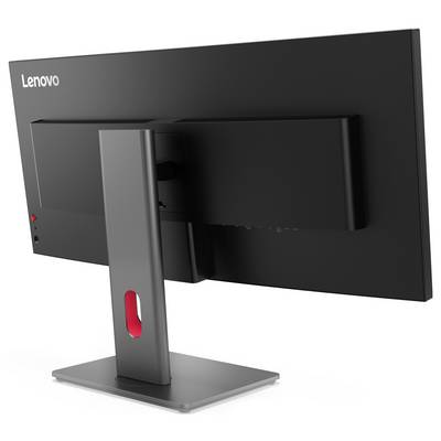 Vue arrière d'un moniteur informatique Lenovo noir sur un support, montrant le support ajustable et l'orifice de gestion des câbles.