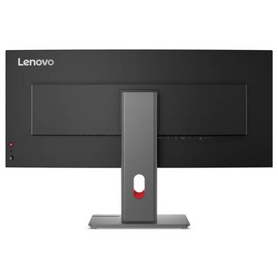 Vue arrière d'un moniteur de bureau Lenovo avec un support central sur fond blanc.