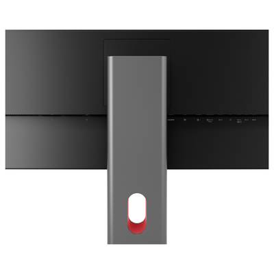 Gros plan d'un moniteur ou téléviseur noir avec un grand pied central gris présentant un bouton ou un voyant rouge et blanc près du bas.