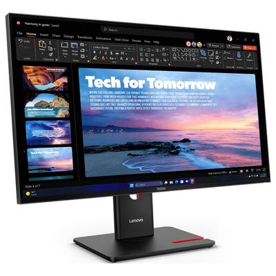 Un moniteur Lenovo affiche une présentation PowerPoint intitulée « La Technologie de Demain » avec des miniatures de diapositives sur la gauche et une image de plage au coucher de soleil sur la diapositive principale.