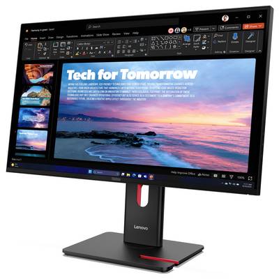 Un moniteur Lenovo affichant une diapositive de présentation PowerPoint intitulée « La Technologie de Demain » sur une photo océanique au coucher de soleil, avec des miniatures de diapositives visibles sur la gauche.