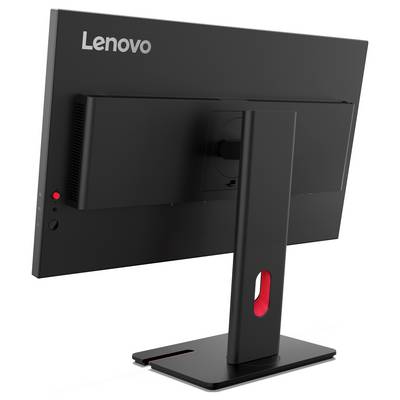 Vue arrière d'un moniteur de bureau Lenovo sur un support noir, montrant les ports arrière et les détails d'accentuation rouge.