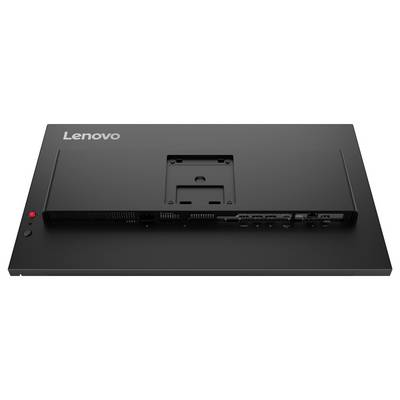 Vue arrière d'un moniteur Lenovo sur un support, montrant le support de montage, les fentes de ventilation et quelques ports et boutons le long du bord inférieur.