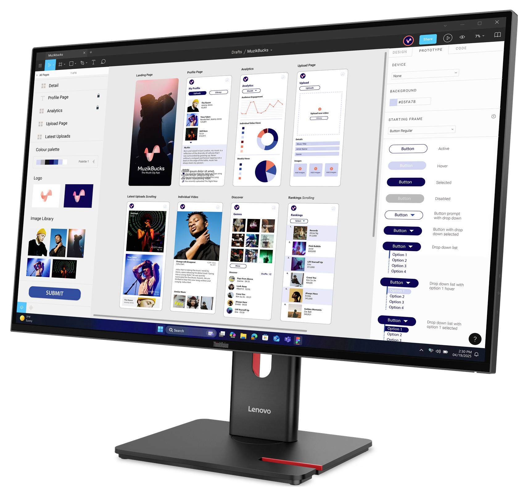 Un moniteur Lenovo affiche une application de conception avec un tableau de bord de maquettes d'interface utilisateur mobile, des graphiques et un panneau de propriétés sur le côté droit pour modifier les composants.