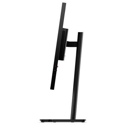Vue latérale d'un moniteur à écran plat sur un pied, montrant l'affichage mince, la ventilation arrière et le bras de support incliné sur une base.