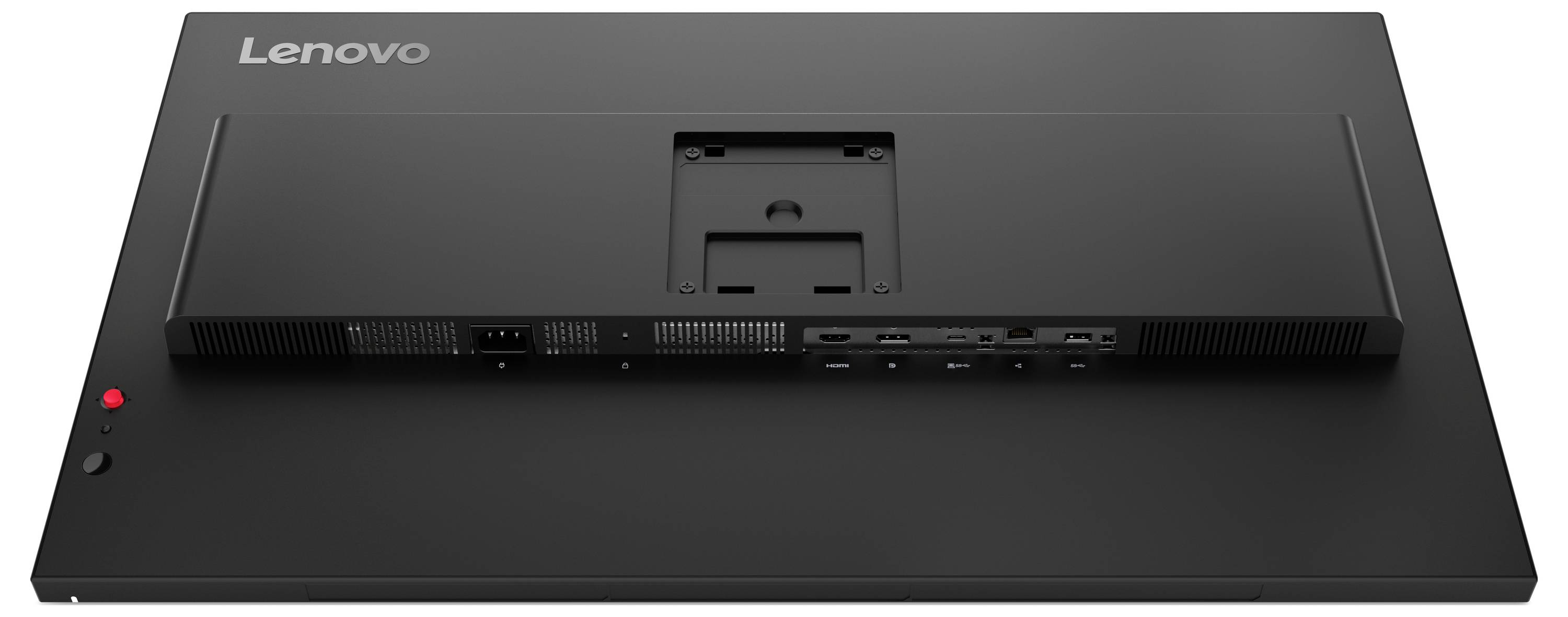Vue arrière d'un moniteur Lenovo montrant le support de montage central et les fentes de ventilation sur un socle foncé.