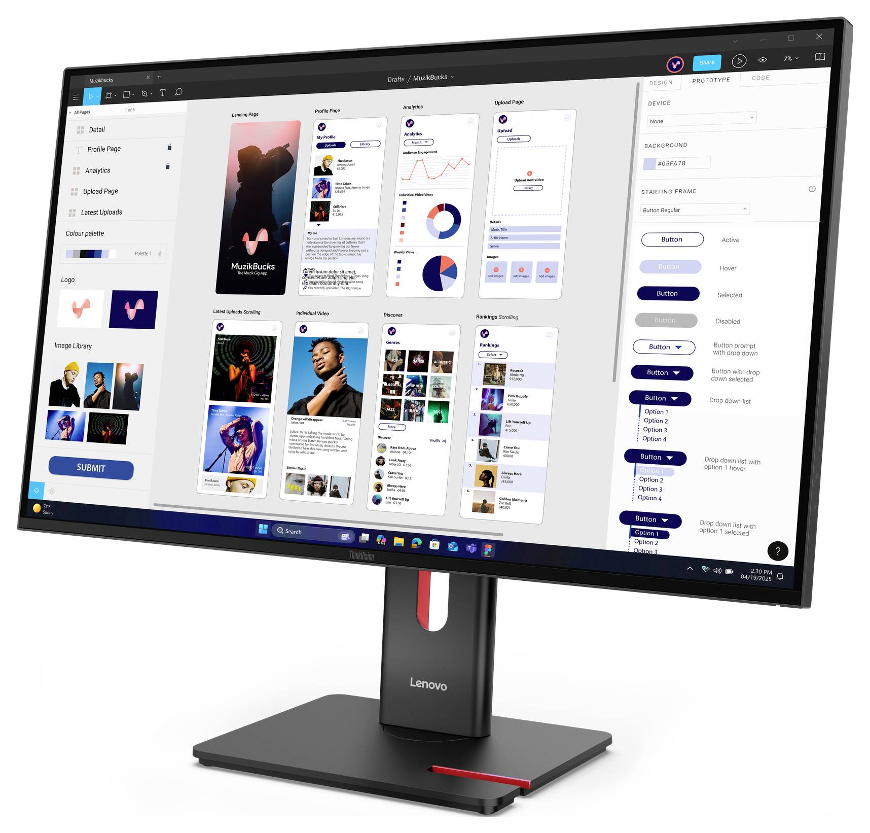 Moniteur Lenovo affichant un tableau de bord de conception d'interface utilisateur avec plusieurs maquettes d'applications mobiles, panneaux de composants et contrôles de style dans un outil de conception.