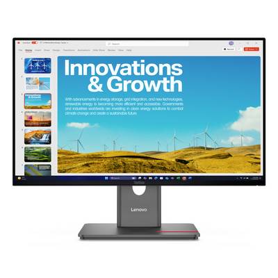 Moniteur Lenovo affichant une diapositive de présentation intitulée « Innovations et croissance » avec des éoliennes surplombant des collines dorées et des vignettes de diapositives sur la gauche