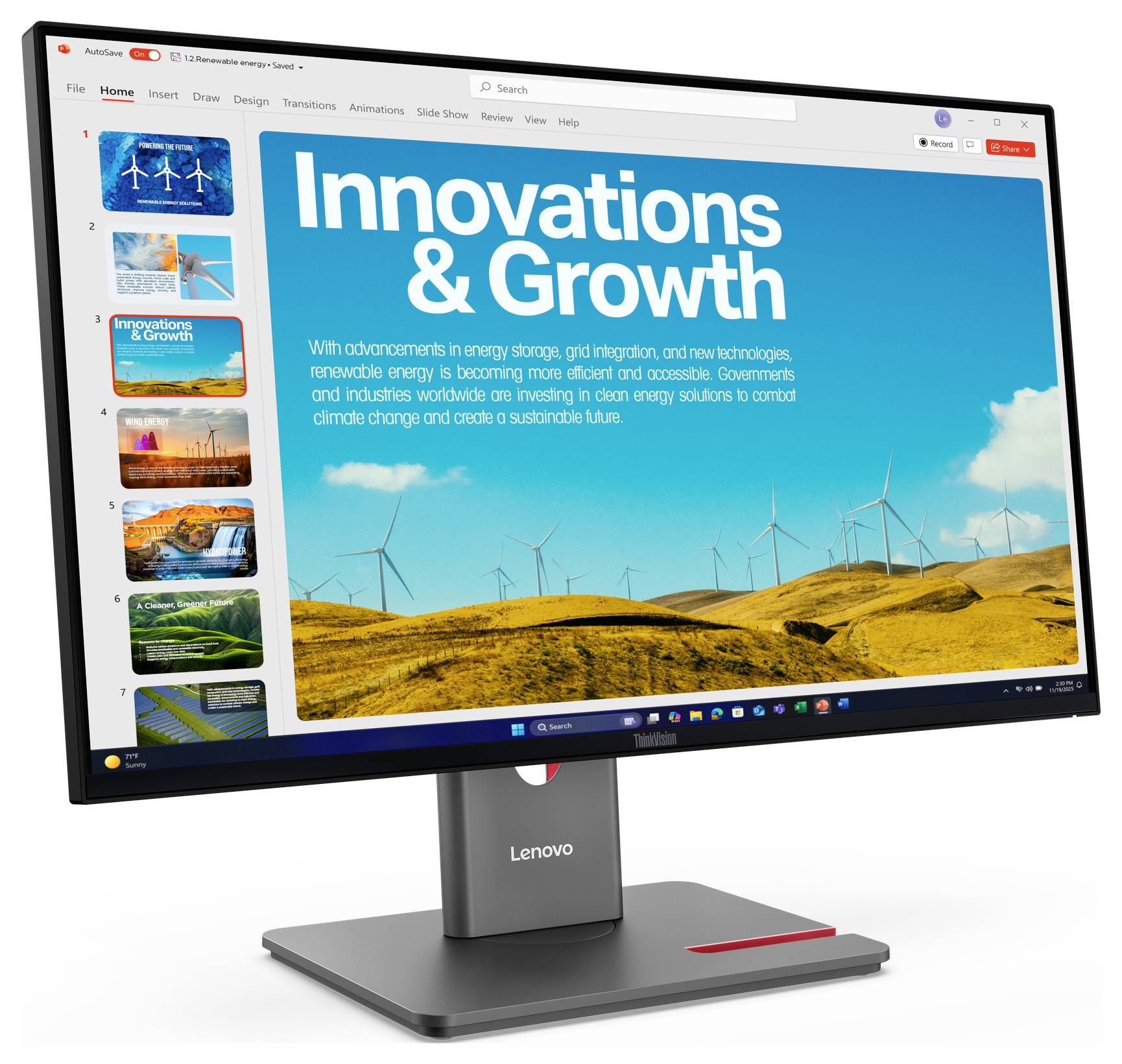 Un moniteur Lenovo affiche une diapositive de présentation intitulée « Innovations & Croissance » avec des éoliennes surplombant des collines dorées ; les vignettes des diapositives apparaissent sur la gauche.
