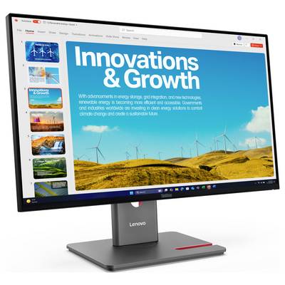 Un moniteur Lenovo affiche une diapositive de présentation intitulée « Innovations & Croissance » avec des éoliennes surplombant des collines dorées ; les vignettes des diapositives apparaissent sur la gauche.
