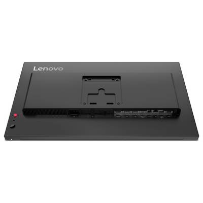 Vue arrière d'un moniteur de bureau Lenovo avec un support central et une ouverture de gestion des câbles sur une base rectangulaire.