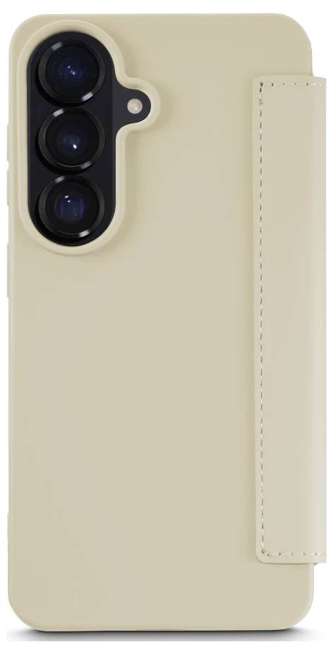 Étui à rabat pour smartphone beige avec découpe triple caméra arrière et sangle latérale magnétique