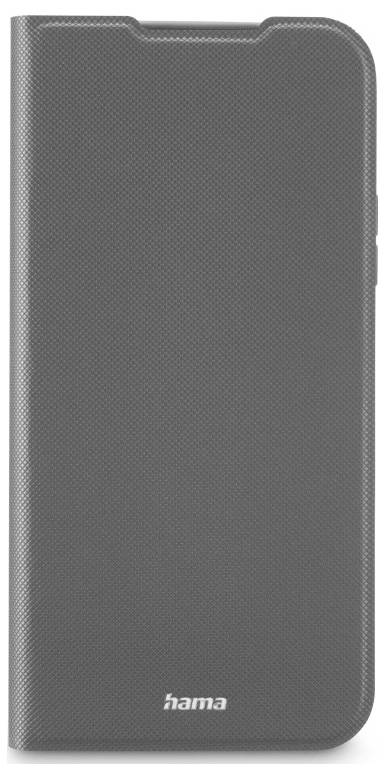 Étui Hama de style portefeuille gris texturé avec bords arrondis et rabat avant, présenté fermé sur fond blanc.