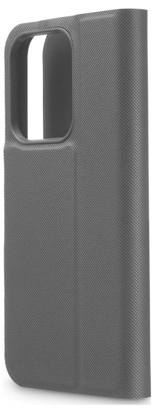 Étui de protection pour téléphone texturé gris présenté de l'arrière avec une grande découpe rectangulaire pour appareil photo près du coin supérieur gauche.