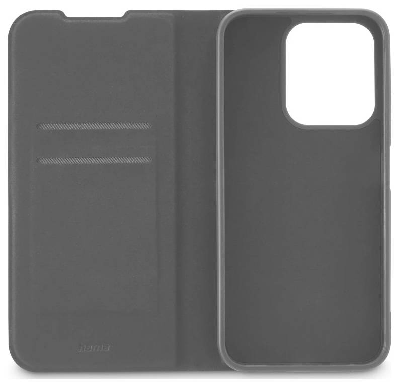 Étui portefeuille gris pour smartphone avec rabat avant, emplacements pour cartes et découpe pour appareil photo