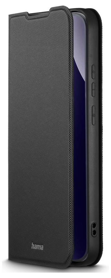 Étui portefeuille pour smartphone Hama noir partiellement ouvert, montrant un téléphone à l'intérieur avec les boutons latéraux visibles.