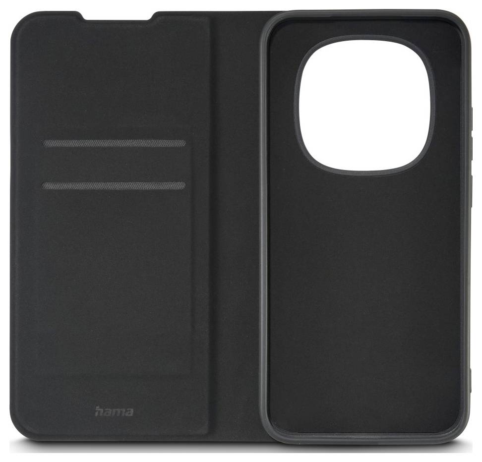 Étui portefeuille noir pour smartphone avec rabat avant et grande découpe pour l'appareil photo arrière, présenté fermé sur un fond blanc.