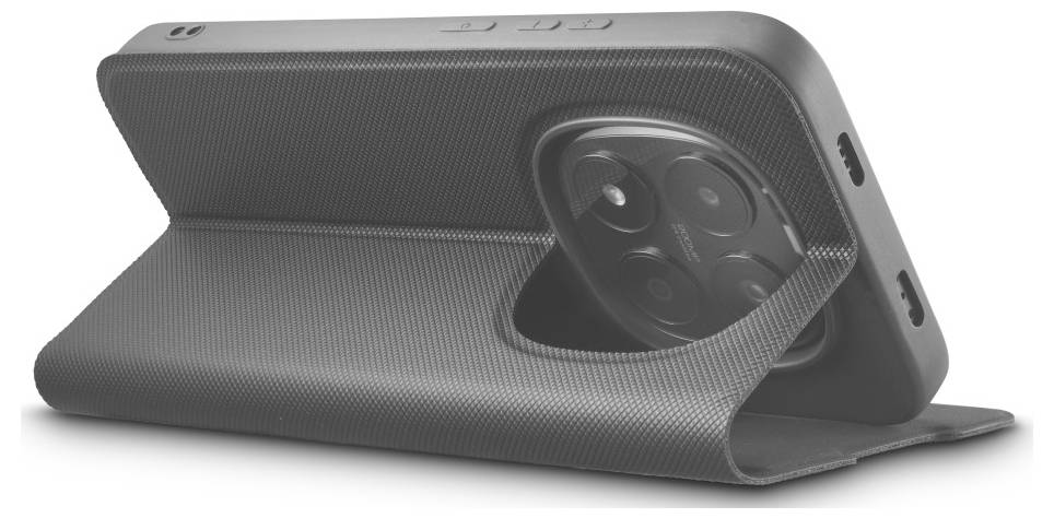 Smartphone dans un étui portefeuille texturé avec support intégré, la couverture repliée exposant le module caméra arrière.