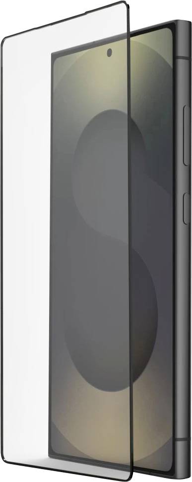 Un smartphone présenté de face et de profil avec un film protecteur transparent aligné sur l'écran.
