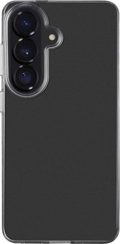 Arrière d'un smartphone noir dans une coque de protection transparente, montrant trois caméras arrière et un flash dans le coin supérieur gauche.