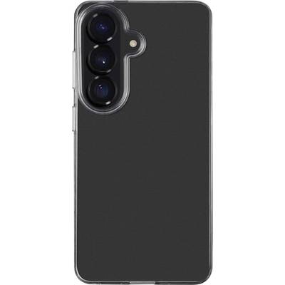 Arrière d'un smartphone noir dans une coque de protection transparente, montrant trois caméras arrière et un flash dans le coin supérieur gauche.