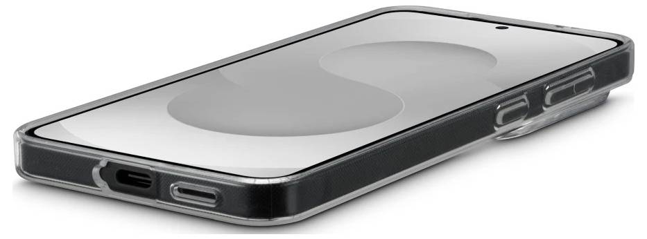 Gros plan d'un smartphone posé face vers le bas dans une coque de protection, montrant l'arrière avec une grande zone de charge de style MagSafe circulaire et des boutons latéraux.