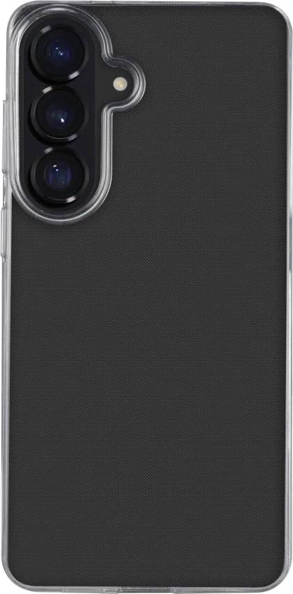 Étui pour smartphone noir avec découpe surélevée pour triple caméra et bordure argentée sur la vue arrière.