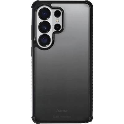 Étui de protection transparent pour téléphone avec pare-chocs noir surélevé et découpe pour appareil photo triple objectif ; marquage « hama » en bas.