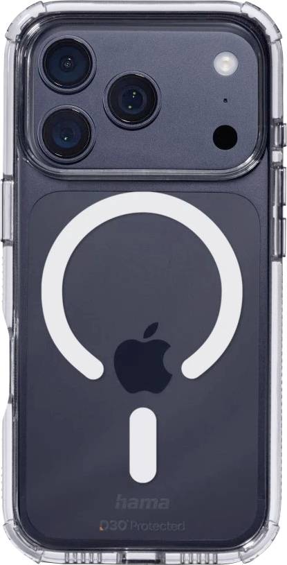 Un smartphone dans une coque de protection transparente, montrant l'arrière avec le logo Apple et les objectifs de l'appareil photo, plus un grand graphique circulaire blanc sur la coque.