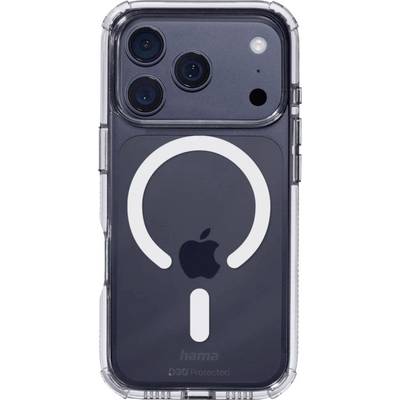 Un smartphone dans une coque de protection transparente, montrant l'arrière avec le logo Apple et les objectifs de l'appareil photo, plus un grand graphique circulaire blanc sur la coque.