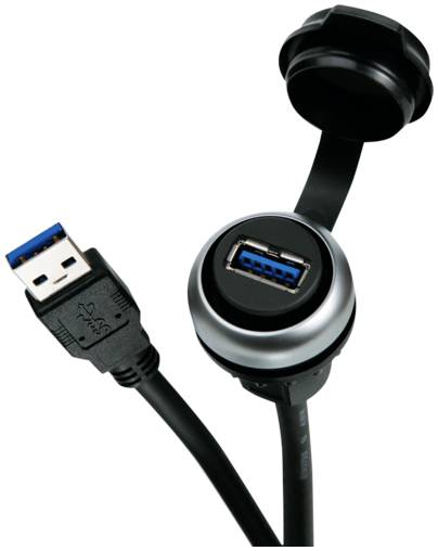 Connecteur USB 3.0 mâle à côté d'un port USB femelle montable sur panneau avec un capuchon de protection, montrant un câble et une prise pour connexion de données.