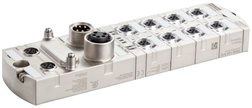 Collecteur de vannes modulaire industriel blanc avec plusieurs connecteurs électriques circulaires et orifices, présenté isolé sur fond blanc.