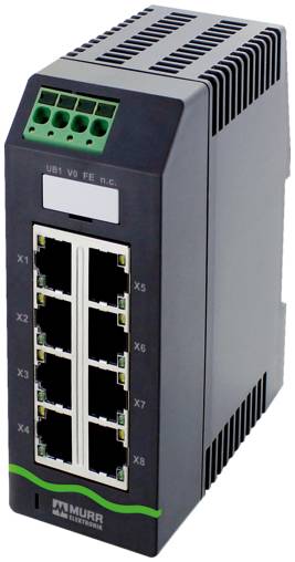 Commutateur Ethernet industriel avec huit ports RJ45 et bloc de bornes d'alimentation vert, présenté dans un module DIN compact noir.