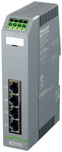 Module de réseau industriel Murrelektronik avec quatre ports Ethernet empilés étiquetés X1-X4 et un bloc de bornes vert sur le dessus.